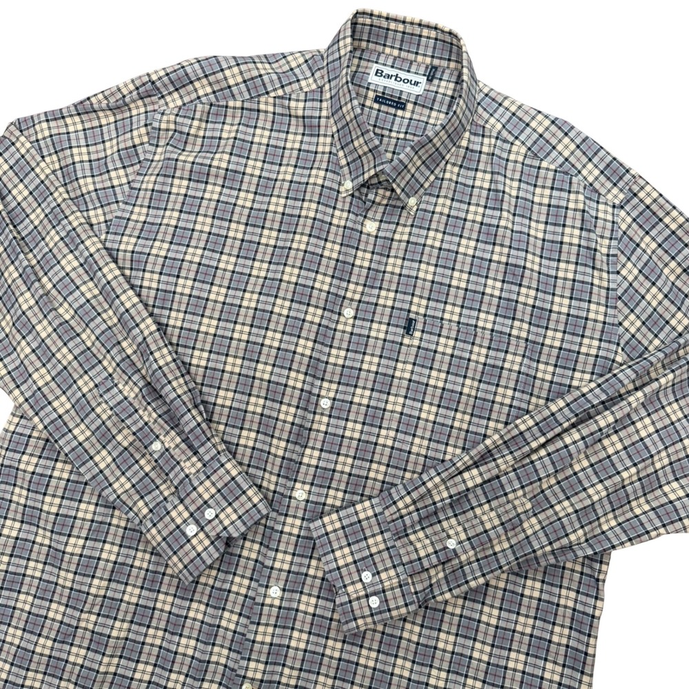Barbour Malcolm Button Down Shirt Mens XL Tan Grey Plaid Tailored MSH3234TN31